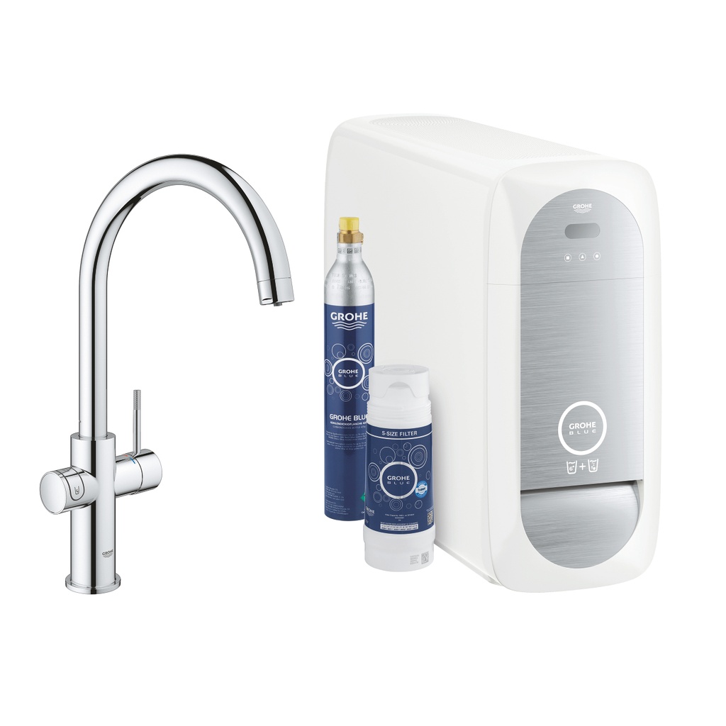 GROHE BLUE HOME CHILLED &amp; SPARKLING C-SPOUT STARTER KIT, CHROME